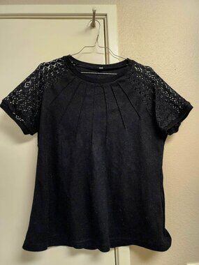 Fayenne Black Waffle Knit Top w/ Lace Sleeves | Dressy Casual Blouse